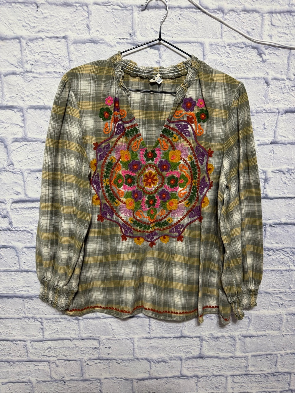 Ivy Jane Size L Plaid Embroidered Boho Peasant Blouse Colorful Floral Cotton Top